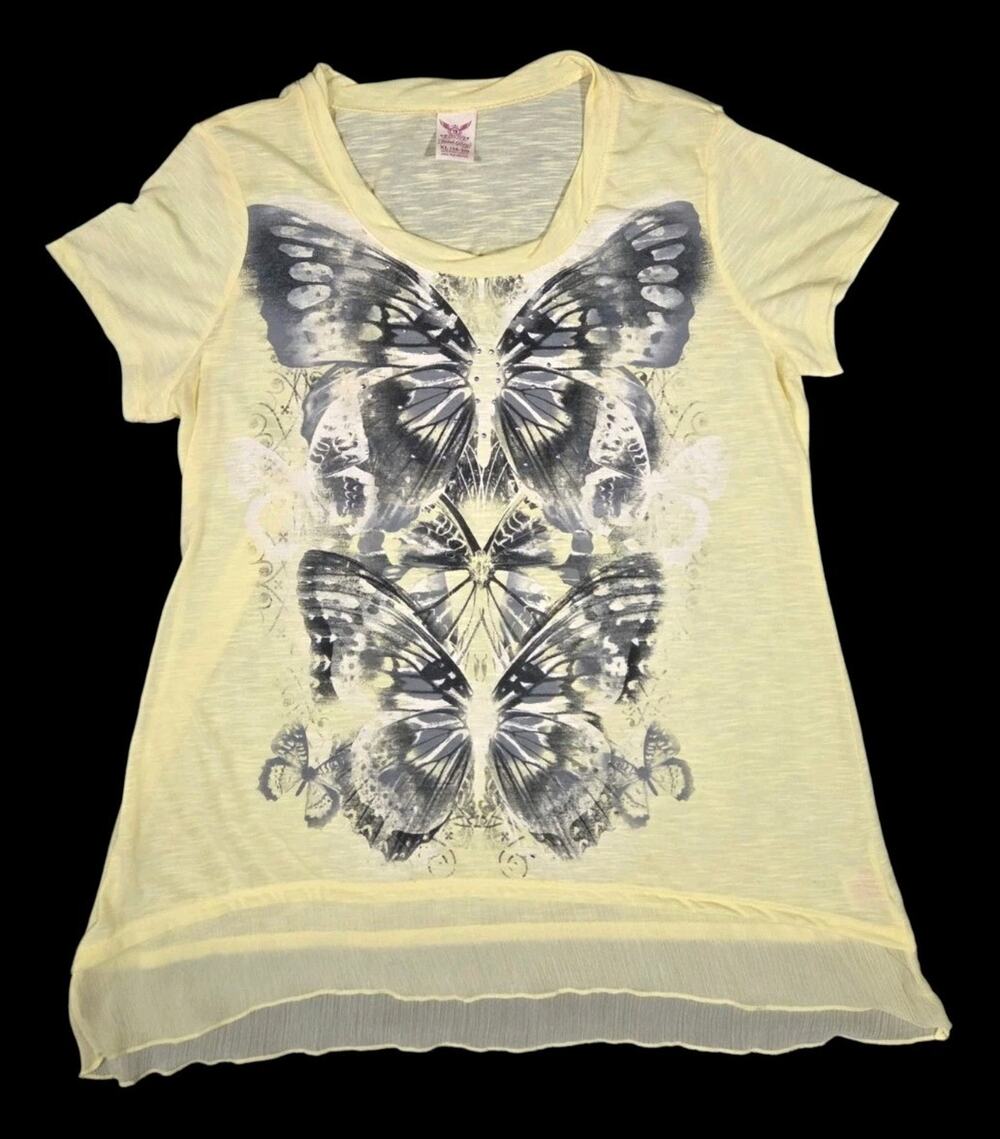Y2K Faded Glory Butterfly Top Yellow Whimsical Layered Sheer Rhinestones XL